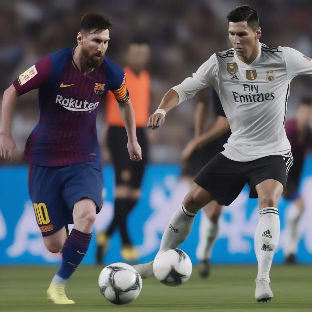 Hình ảnh Lionel Messi và Cristiano Ronaldo trong năm 2018, thể hiện tài năng và sự thống trị của họ