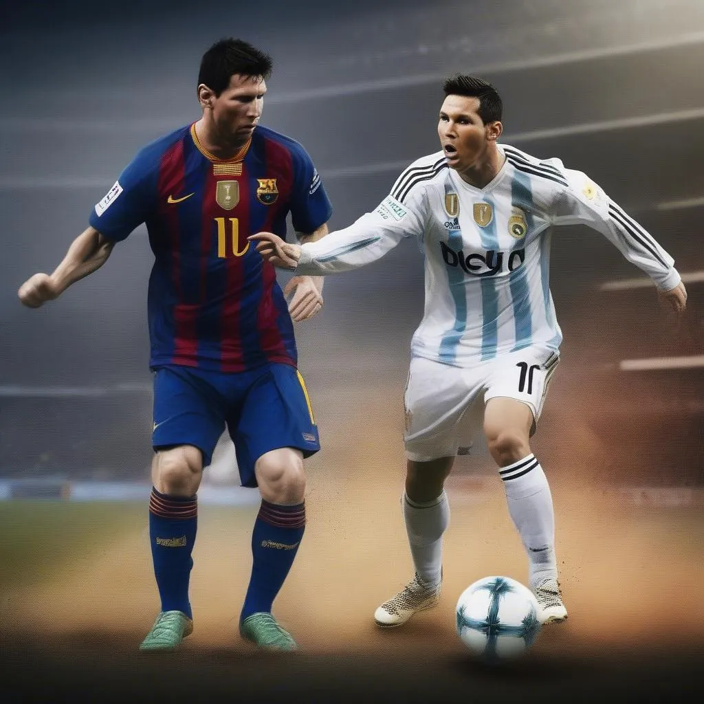 Hình ảnh Messi và Ronaldo đối mặt trong một trận đấu