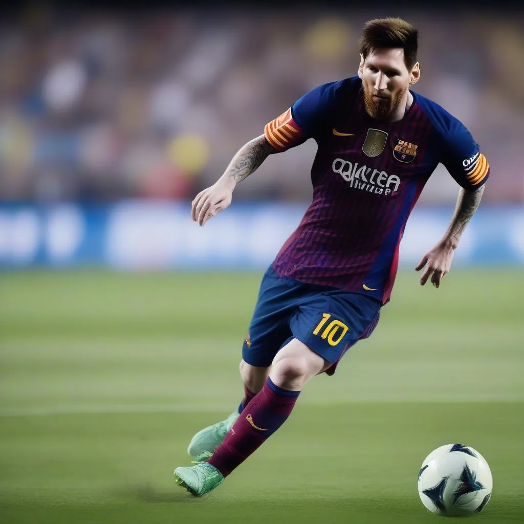 Messi rê bóng qua đối thủ với kỹ thuật điêu luyện, thể hiện sự tinh tế trong từng động tác.