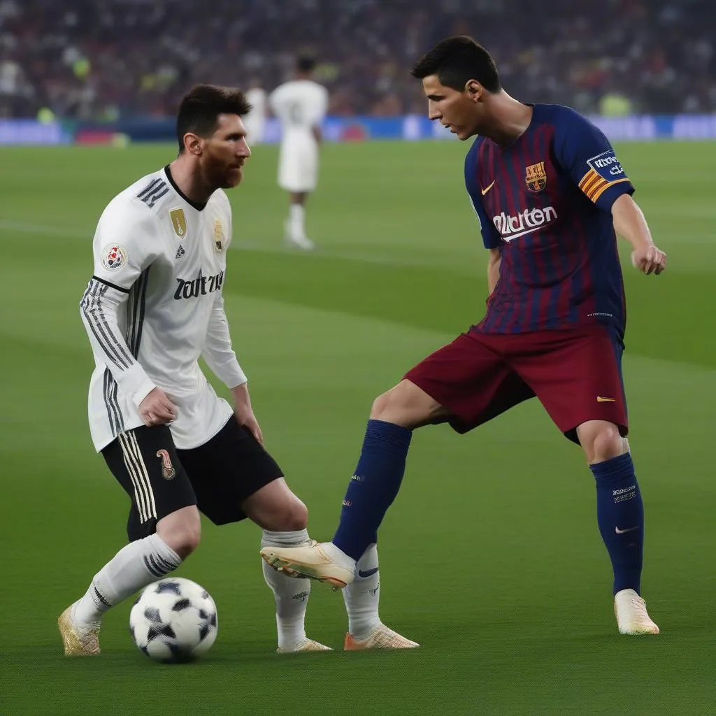 Hình ảnh Messi và Ronaldo đối đầu nhau trong trận đấu tại Cup C1