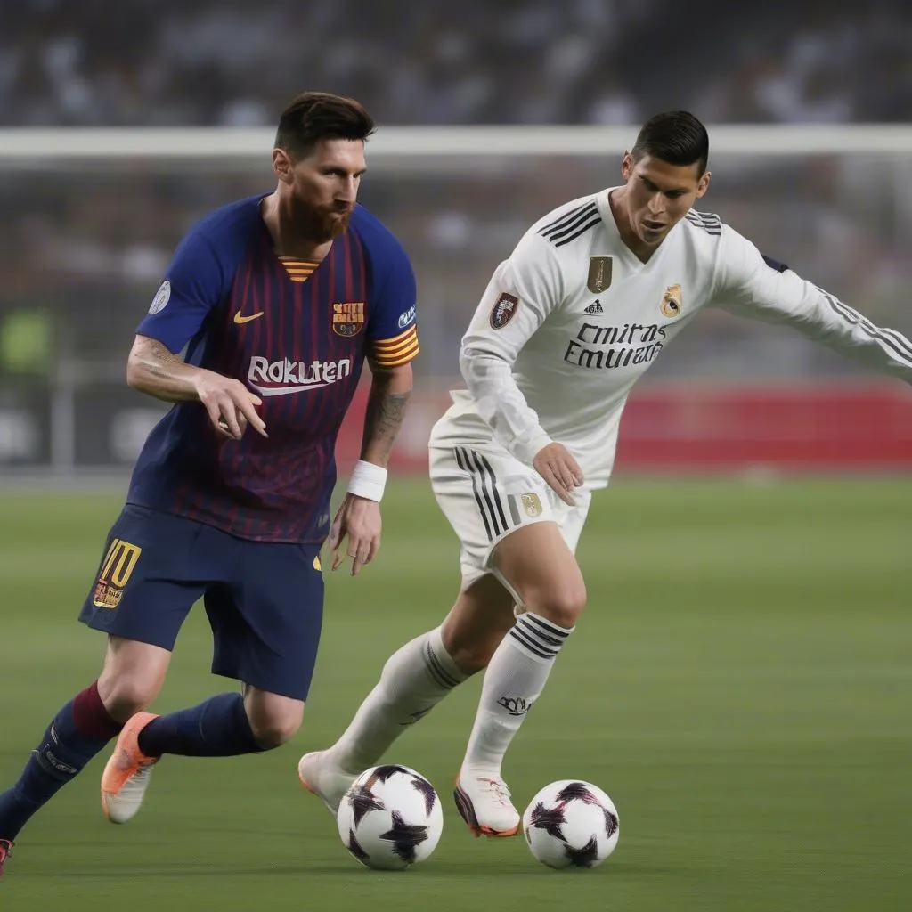 Hình ảnh Messi và Ronaldo tranh bóng trong trận đấu năm 2023