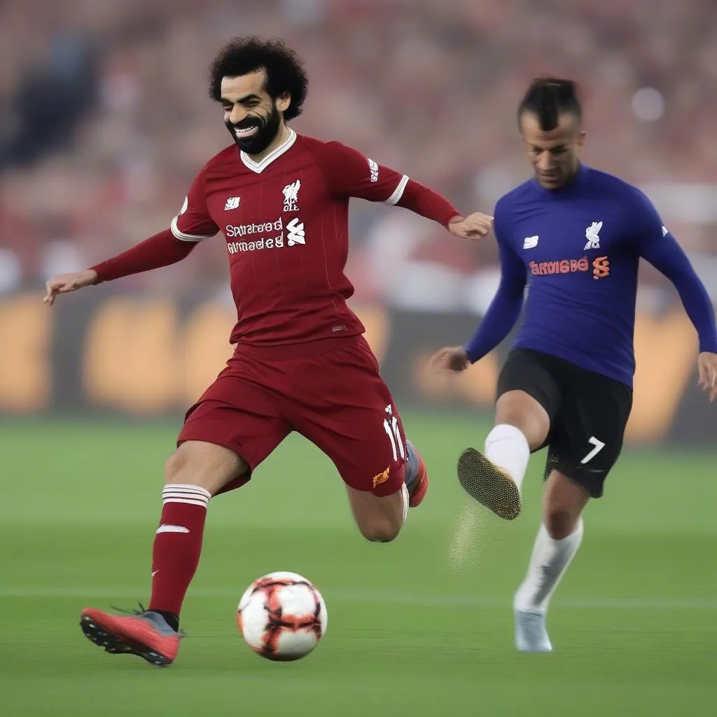 Hình ảnh Mo Salah đang thực hiện động tác rê bóng qua cầu thủ đối phương với kỹ thuật điêu luyện, thể hiện tốc độ và sự linh hoạt