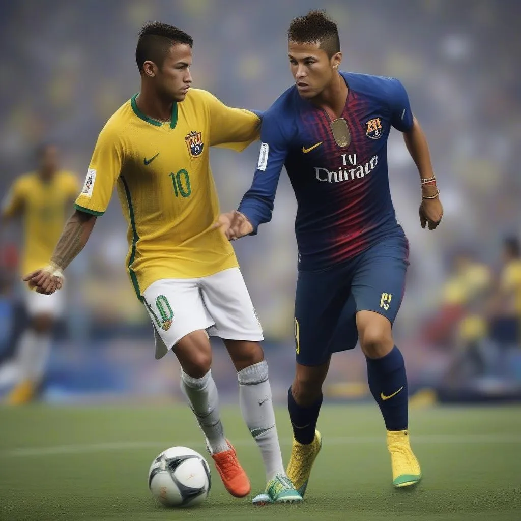 Neymar and Ronaldo standing face-to-face, both with intense expressions and determination in their eyes. They are both wearing their respective national team jerseys. The background is a blurry image of a football stadium, highlighting the intensity of their rivalry.