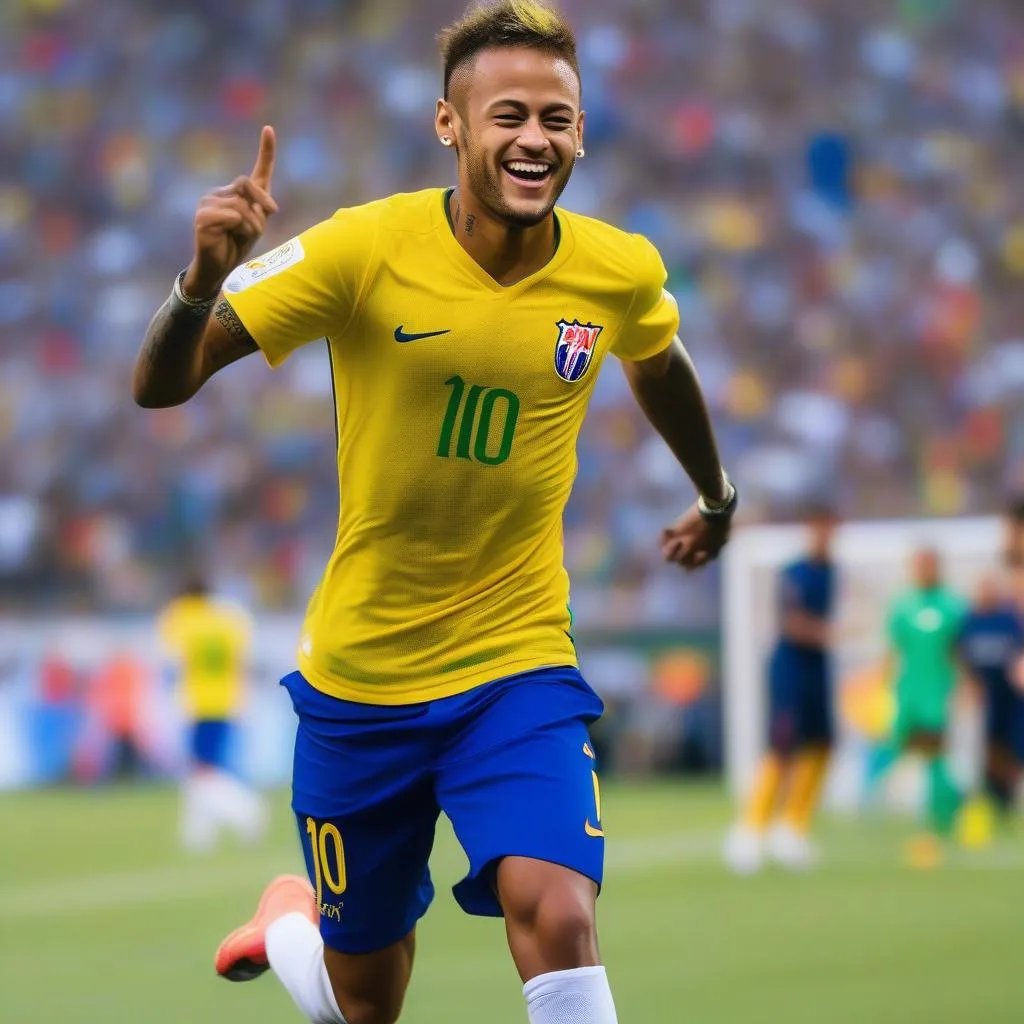 Neymar Jr. showcasing his exceptional dribbling skills and celebrating a goal 