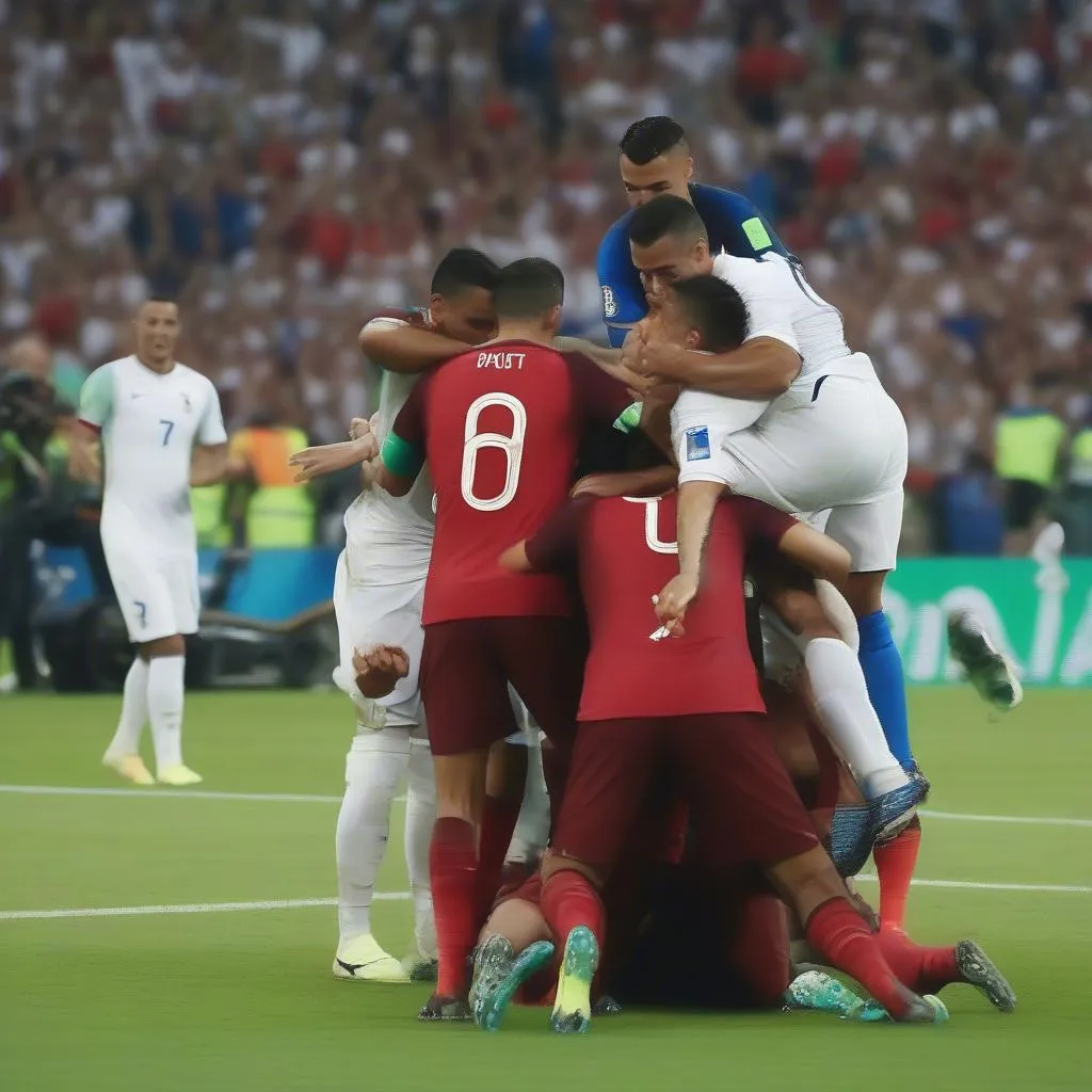 Dimitri Payet celebrating a goal for France in the Euro 2016 final against Portugal, where Cristiano Ronaldo was injured