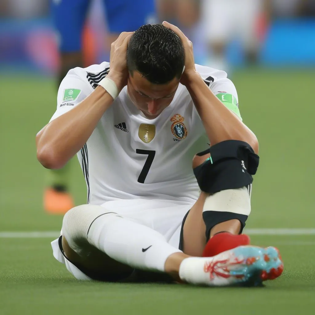 Cristiano Ronaldo receiving medical attention after suffering an injury during the Euro 2016 final match against France