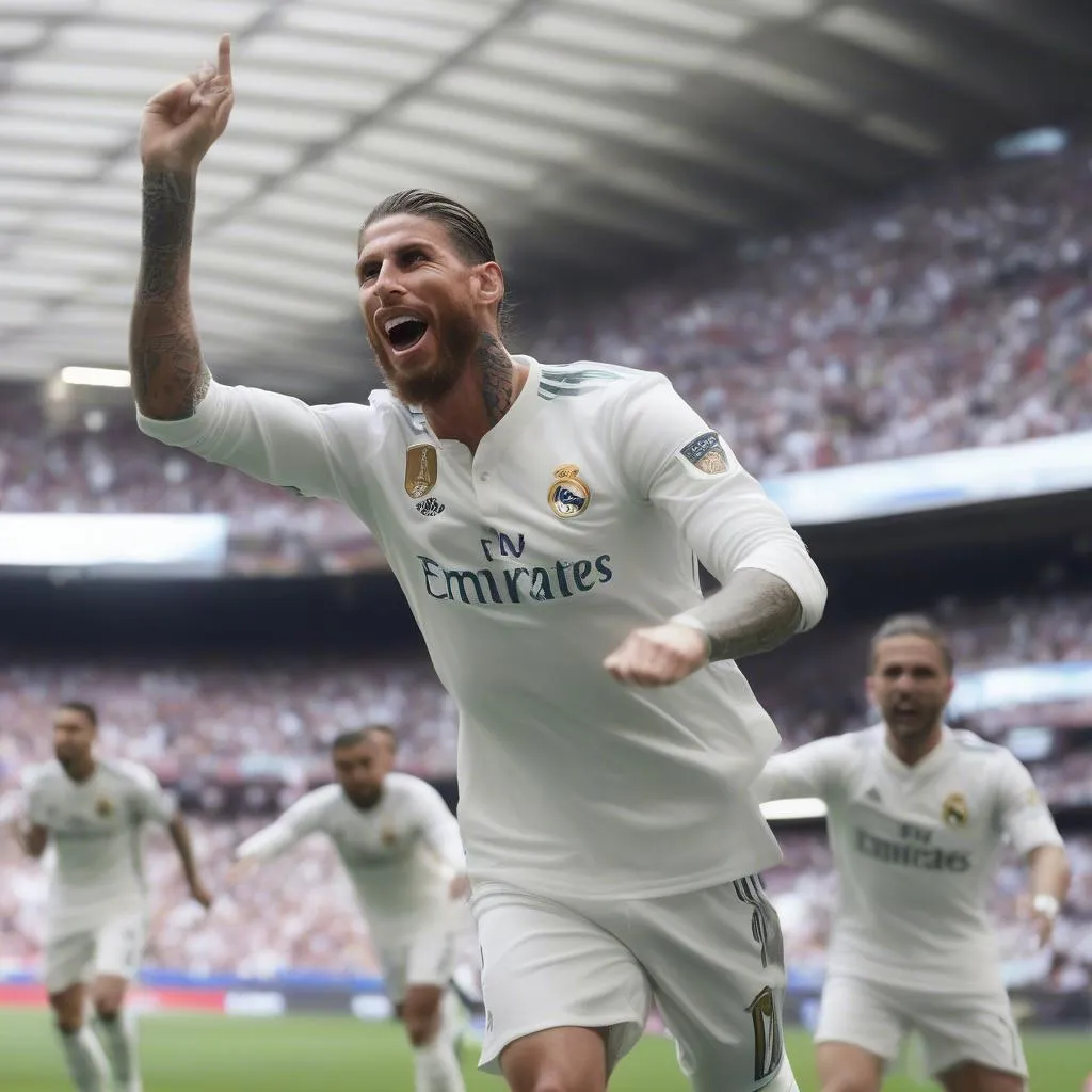 Ramos ăn mừng giống Ronaldo, tay nghiêng về phía trước