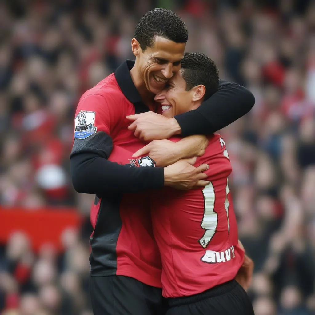 Rio Ferdinand và Ronaldo ăn mừng bàn thắng cho Manchester United