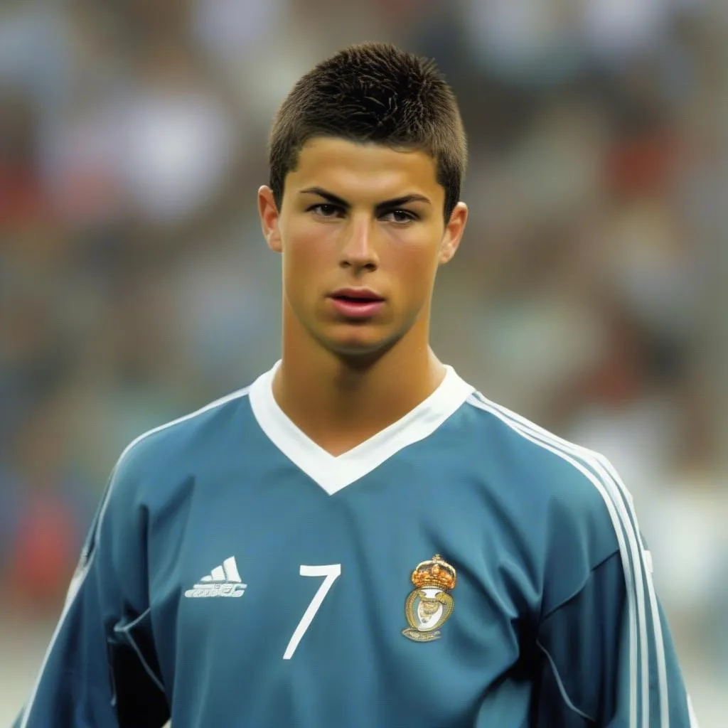 Cristiano Ronaldo năm 2003 với mái tóc ngắn, gọn gàng, thể hiện phong cách cá tính, tạo nên cơn sốt trong giới trẻ.