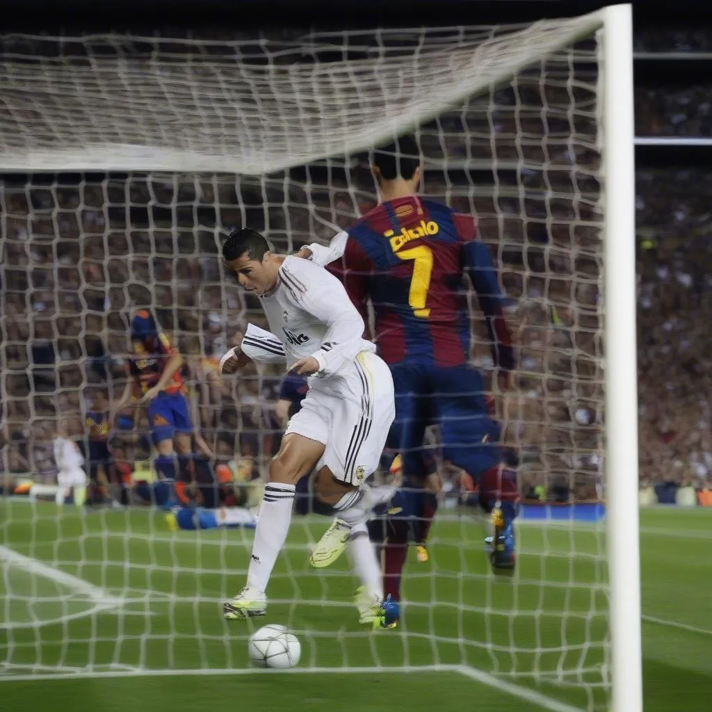 Cristiano Ronaldo scoring a goal in El Clasico in 2012