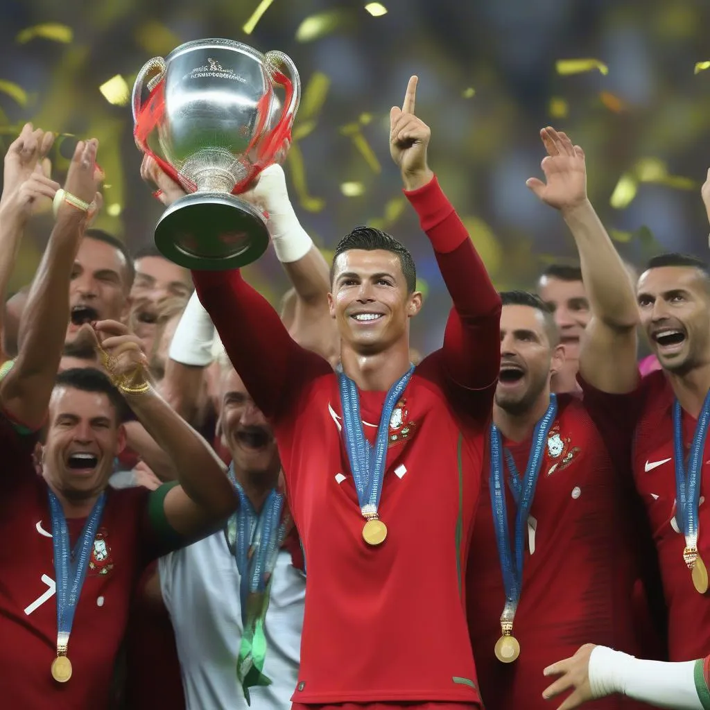 Hình ảnh Cristiano Ronaldo nâng cao chiếc cúp Euro 2016