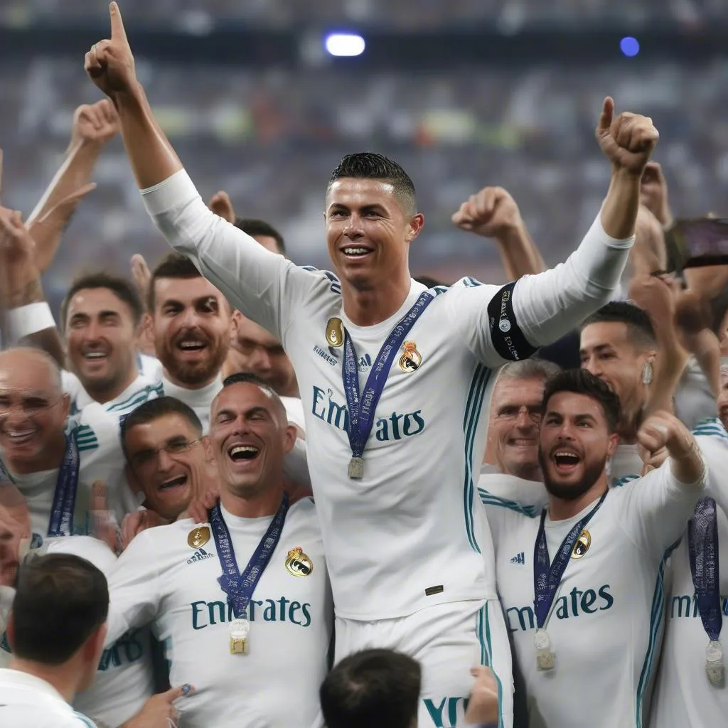 Hình ảnh Ronaldo 2017 cùng đội bóng Real Madrid nâng cao chiếc cúp vô địch La Liga