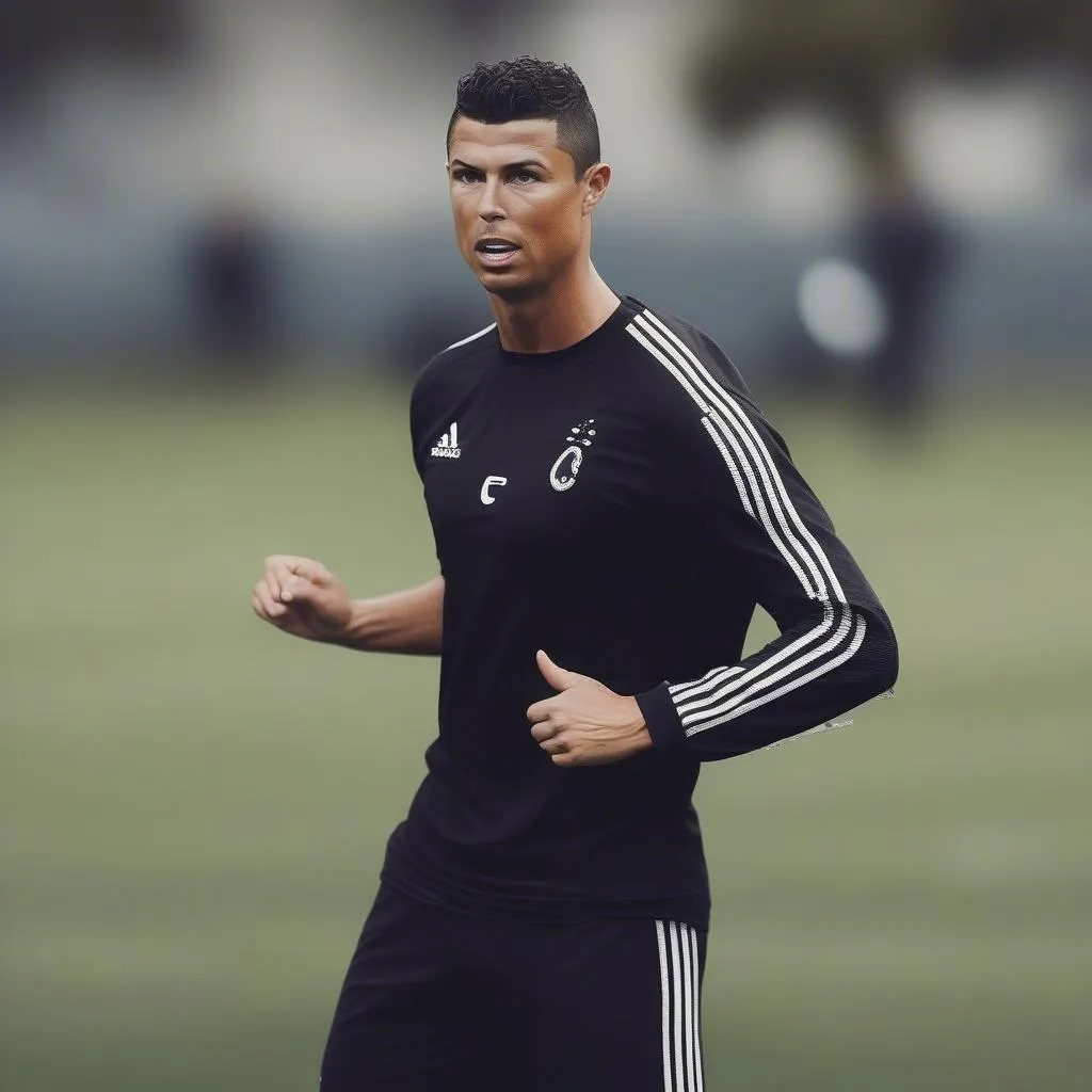 Hình ảnh Ronaldo luyện tập chăm chỉ, thể hiện ý chí kiên cường và sự quyết tâm đạt được đỉnh cao. 