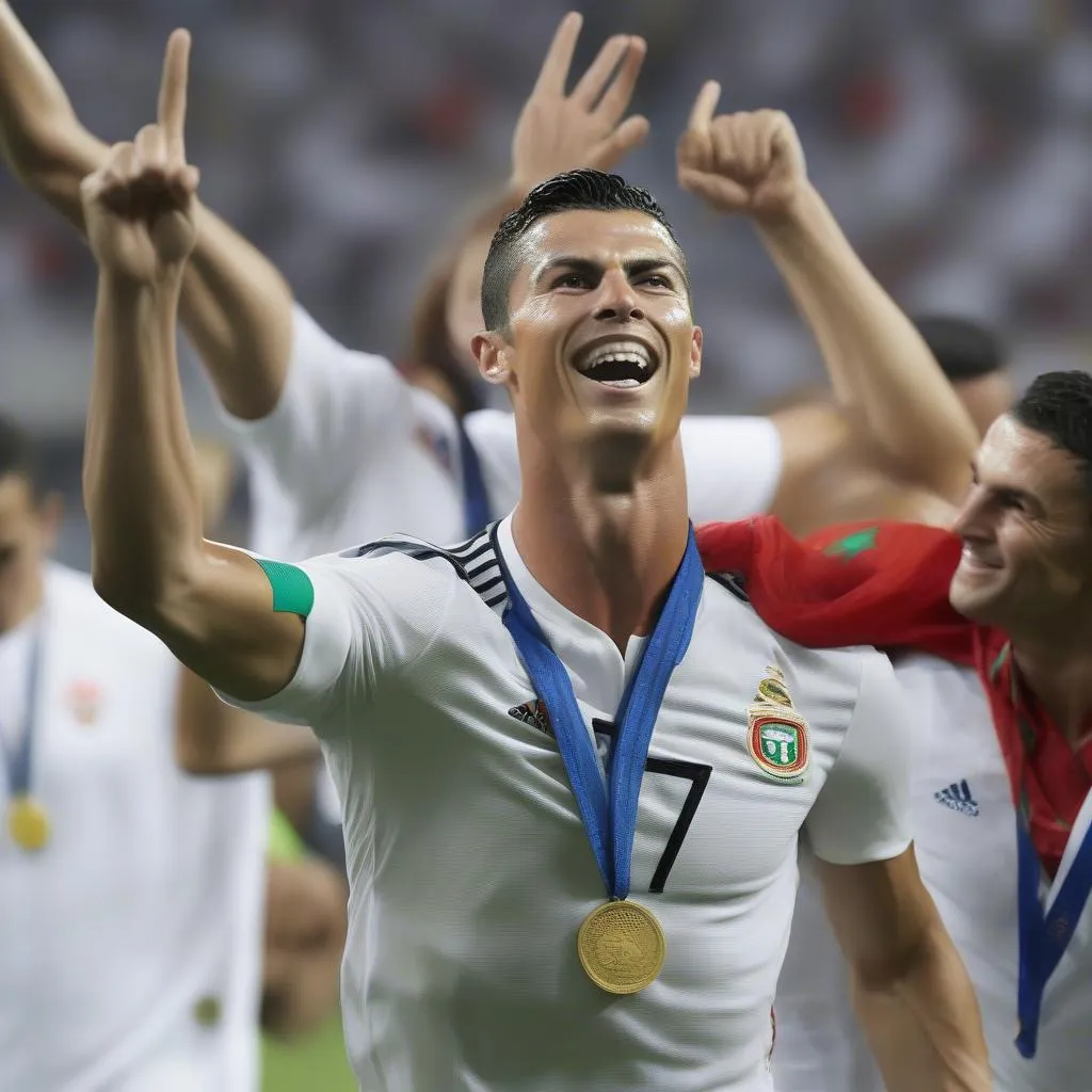 Cristiano Ronaldo nâng cao cúp vô địch cùng đội tuyển quốc gia