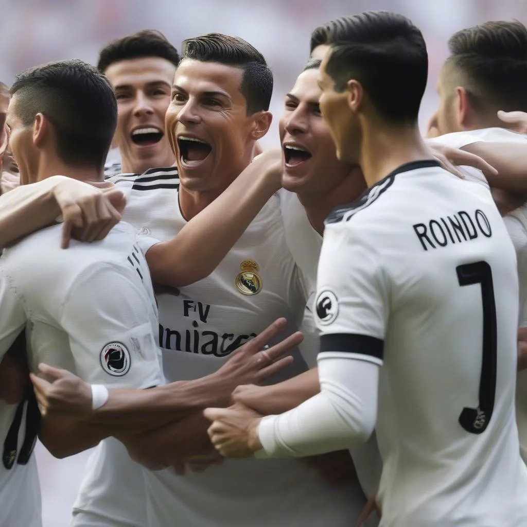 Cristiano Ronaldo celebrating a goal with his teammates