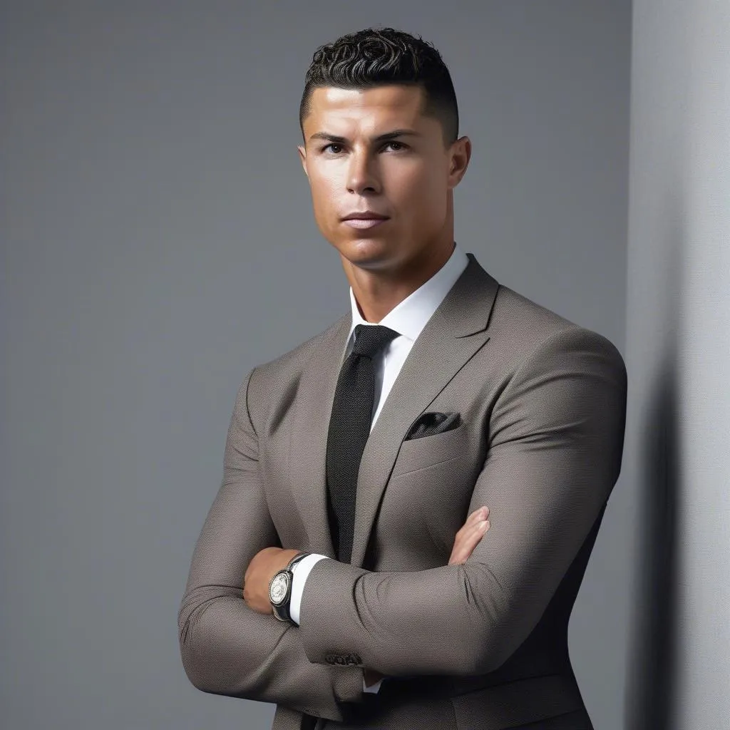 Ronaldo trong trang phục vest lịch lãm, thể hiện phong cách thời trang sành điệu của mình