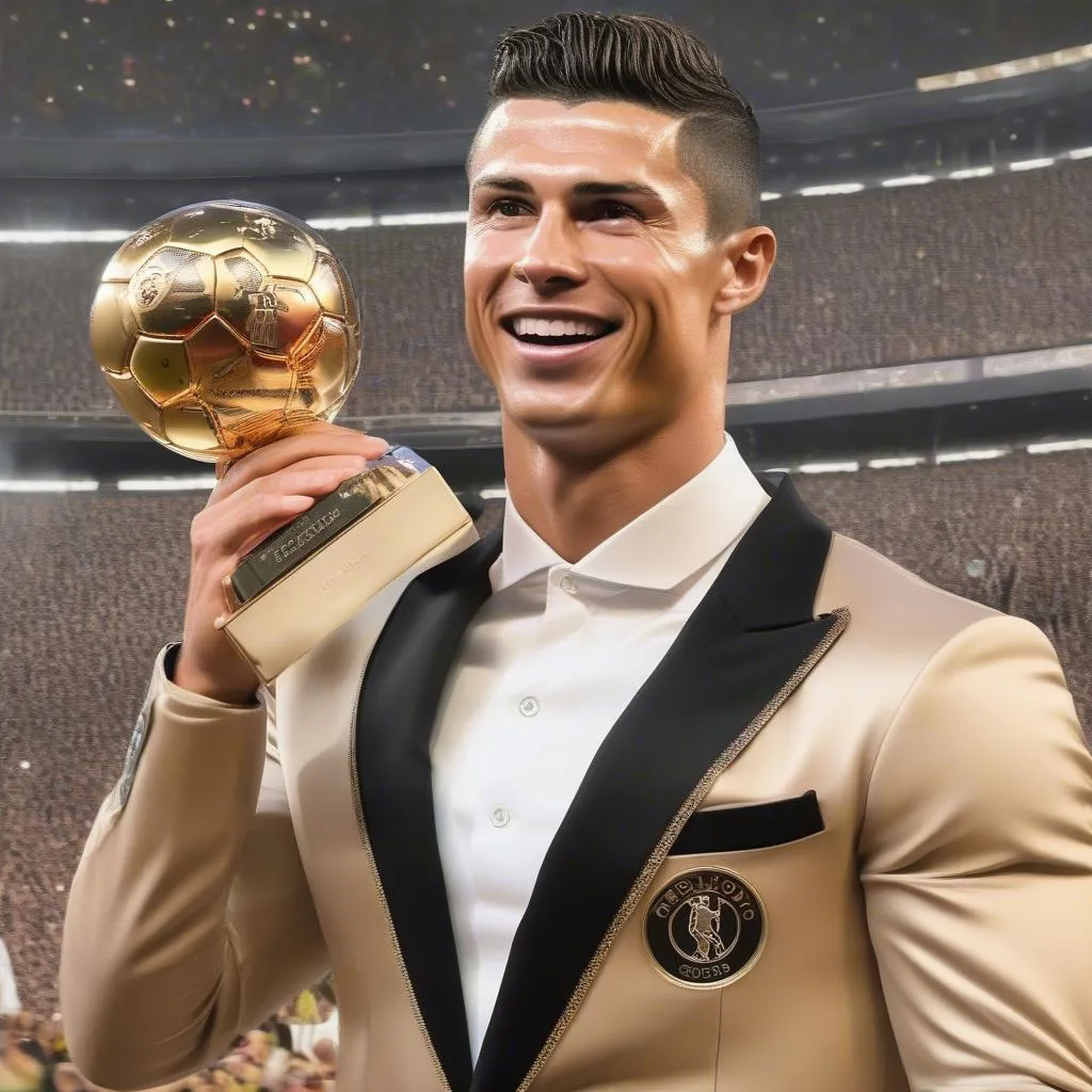 Cristiano Ronaldo đứng trên bục vinh quang, tay cầm cúp Ballon d'Or 2008