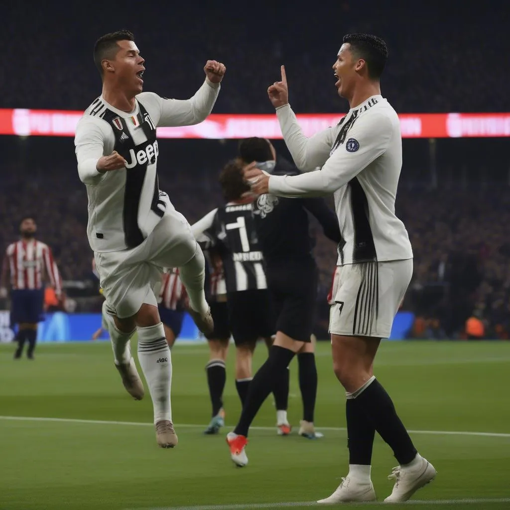 Ronaldo ghi bàn thắng vào lưới Atletico Madrid trong trận đấu lượt về vòng 1/8 Champions League mùa giải 2018-2019