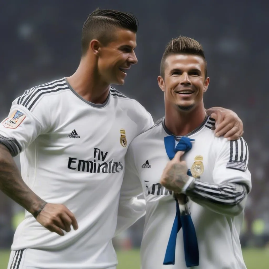 Hình ảnh Ronaldo và Beckham cùng nhau trong một sự kiện bóng đá