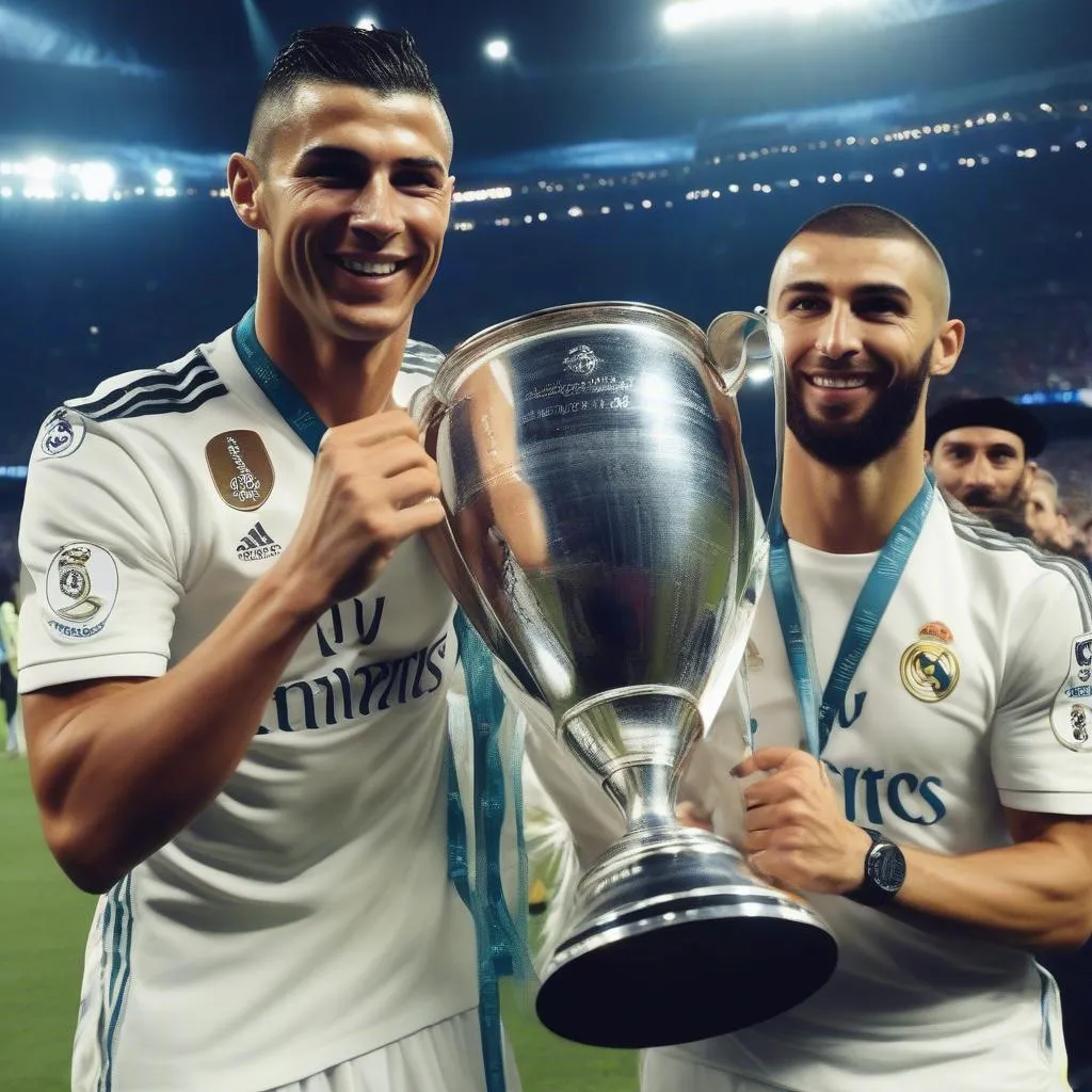 Ronaldo và Benzema ăn mừng chiến thắng Champions League 2017