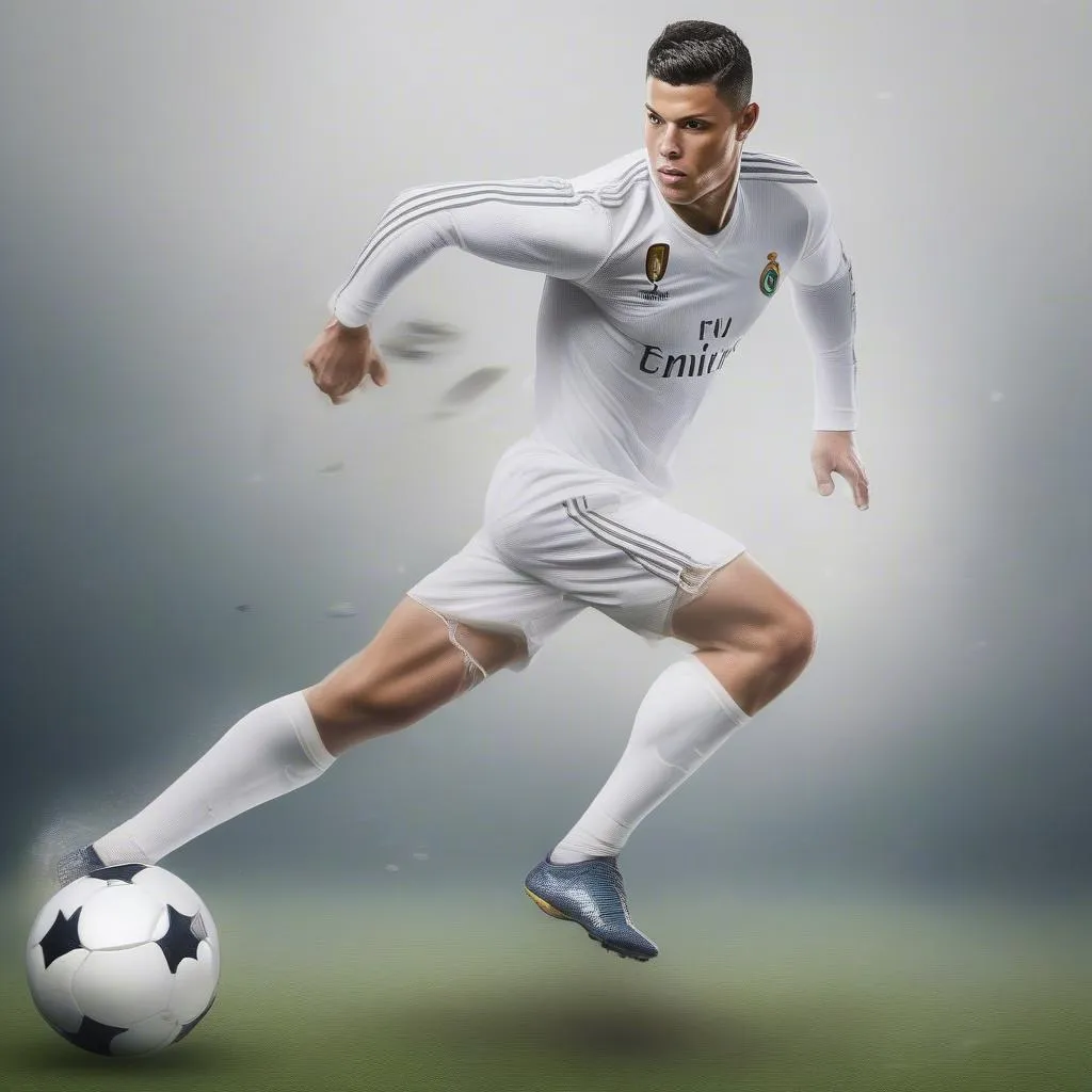 Ronaldo đang thi đấu với tốc độ cao, thể hiện sức mạnh và kỹ thuật vượt trội