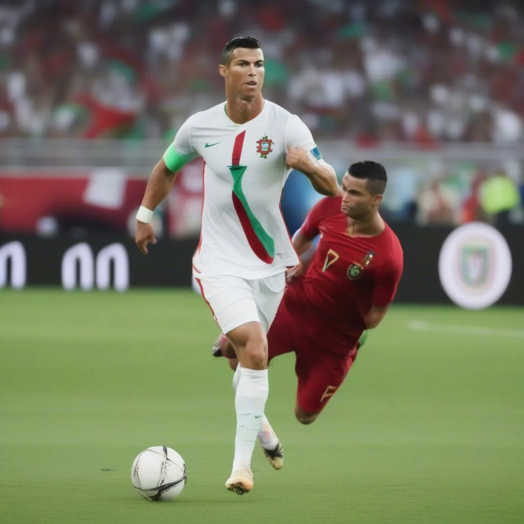 Hình ảnh Ronaldo trong trang phục đội tuyển Bồ Đào Nha, với áo đấu trắng và biểu tượng quốc kỳ, thể hiện niềm tự hào và tinh thần chiến đấu của một cầu thủ tài năng