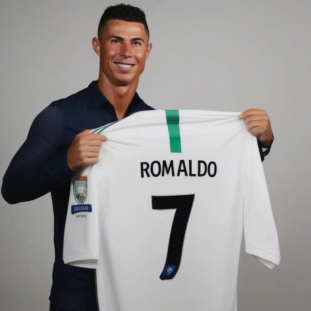 Ronaldo cầm chiếc áo có in tên một fan hâm mộ