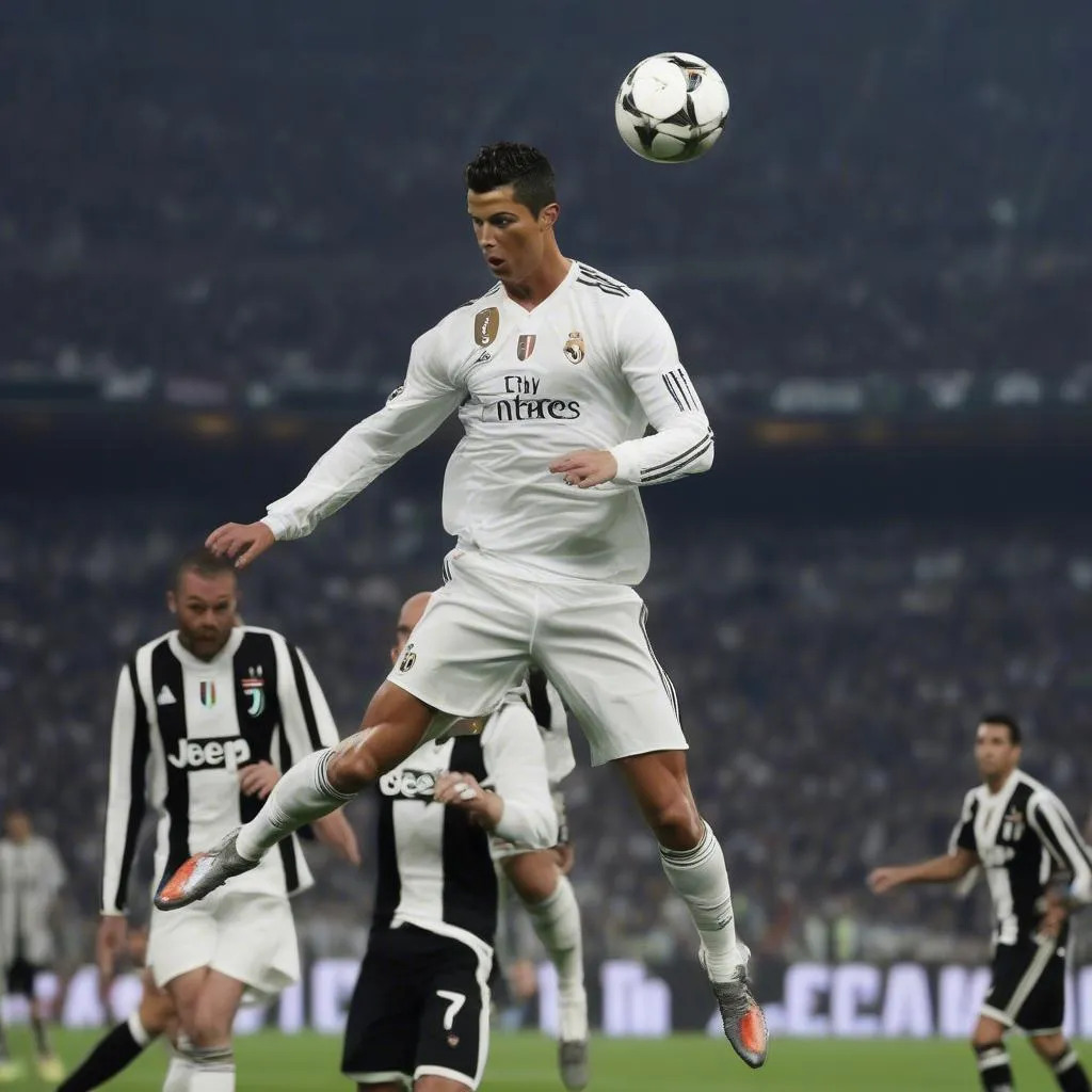 Ronaldo đánh đầu ghi bàn trong trận đấu với Juventus