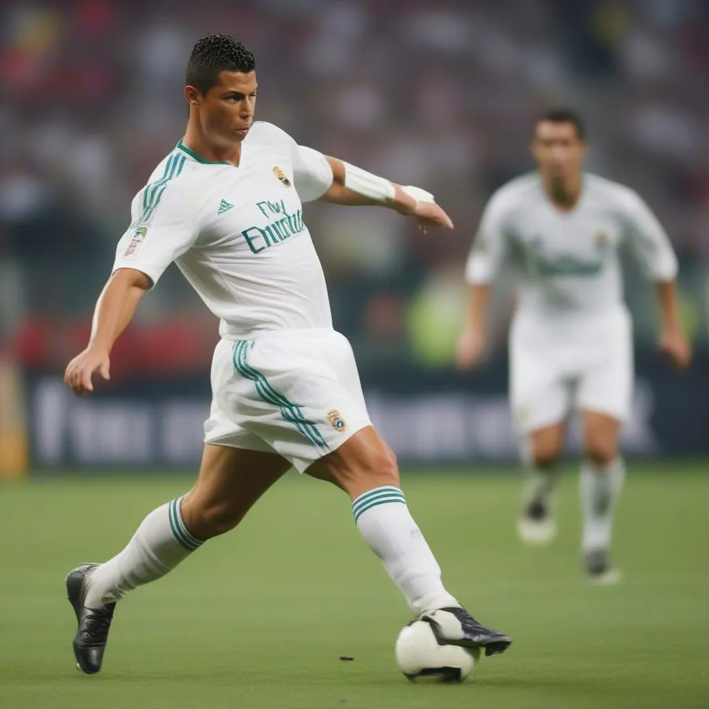 Hình ảnh Ronaldo được khắc họa trong những khoảnh khắc thi đấu đỉnh cao, thể hiện sự đẹp và sự hào hùng của bóng đá