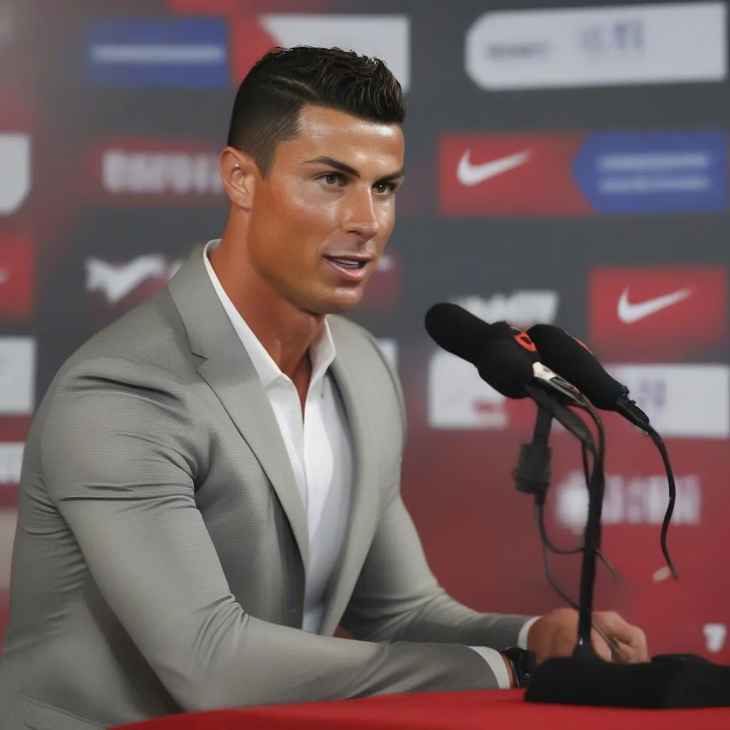 Cristiano Ronaldo đang phát biểu trong buổi họp báo