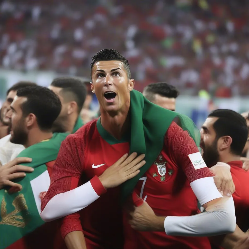 Ronaldo ghi bàn trong trận đấu giữa đội tuyển Bồ Đào Nha và Iran