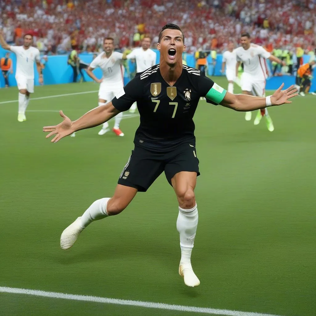 Ronaldo ghi bàn vào lưới Tây Ban Nha tại World Cup 2018, cú sút phạt đẹp mắt và cú nhảy mừng Siuu đầy phấn khích