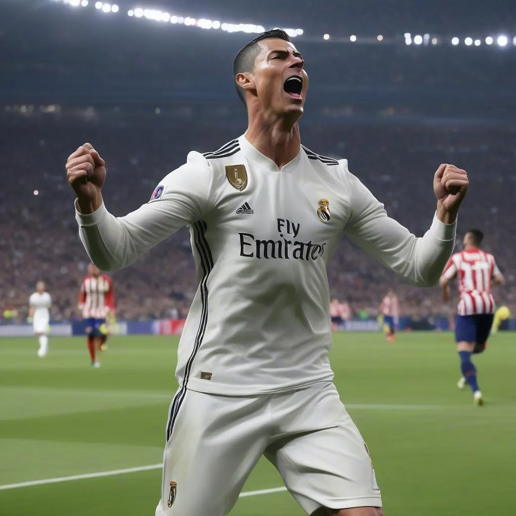 Cristiano Ronaldo ăn mừng bàn thắng thứ 3 vào lưới Atletico Madrid ở trận tứ kết Champions League mùa giải 2018-2019