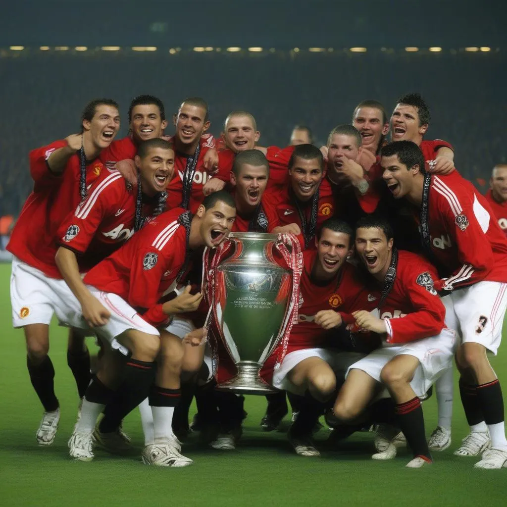 Ronaldo ăn mừng chức vô địch cùng các đồng đội ở Champions League 2006