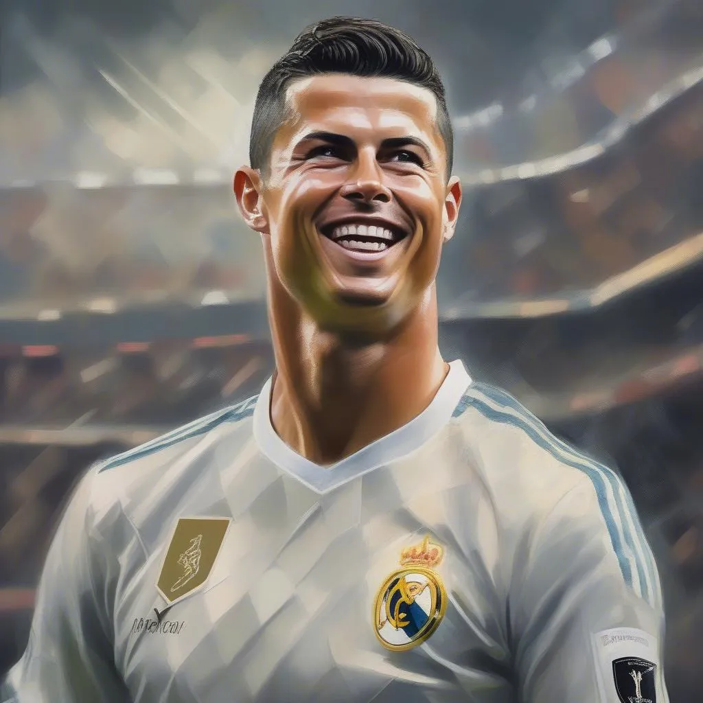 Bức tranh thể hiện Ronaldo trong tư thế sút bóng đầy uy lực, ánh mắt sắc bén, nụ cười rạng rỡ, toát lên khí chất của một vị vua trên sân cỏ.