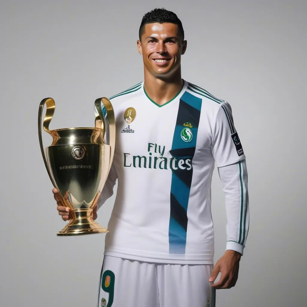 Ronaldo tỏa sáng rạng ngời trong trang phục thi đấu,  tay cầm cúp vô địch C1