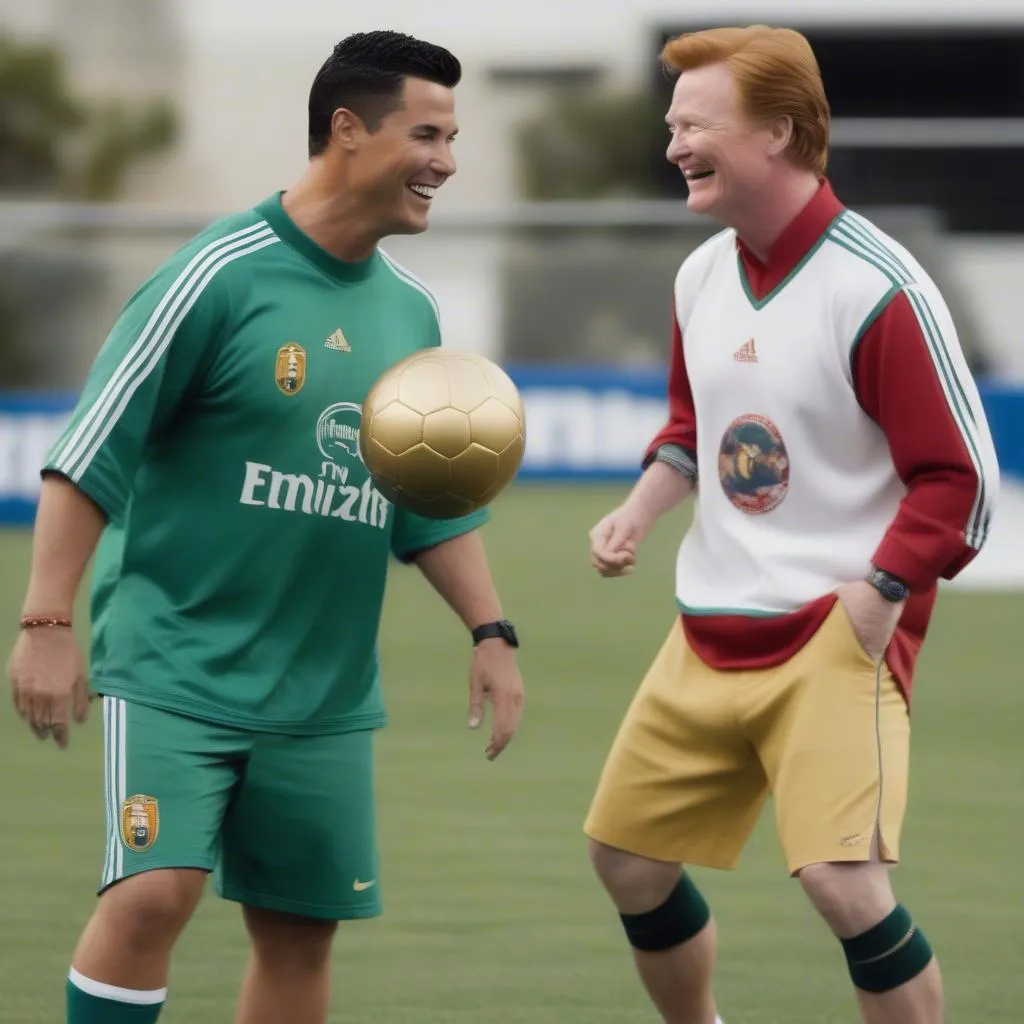 Ronaldo và Conan O'Brien tạo dáng vui nhộn trong một trò chơi bóng đá