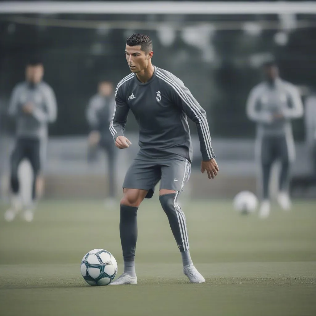 Ronaldo luyện tập các kỹ năng bóng đá trên sân, với sự chỉ đạo của HLV