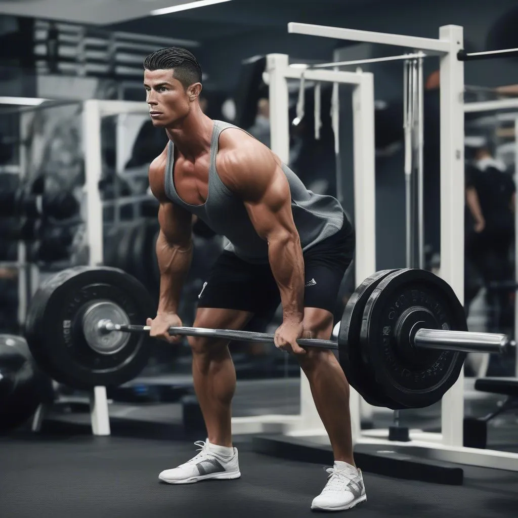 Hình ảnh Ronaldo tập luyện trong phòng gym với các bài tập sức mạnh