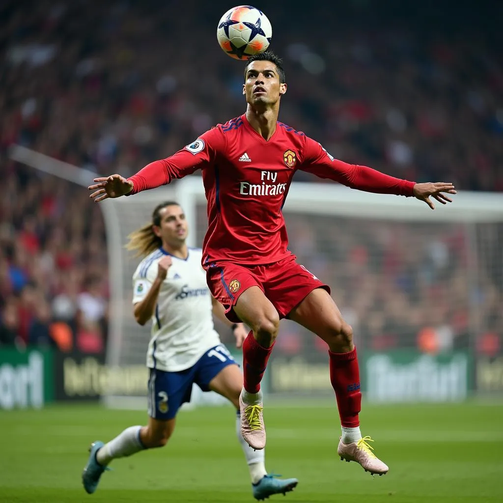 Ronaldo leaping high to score a header