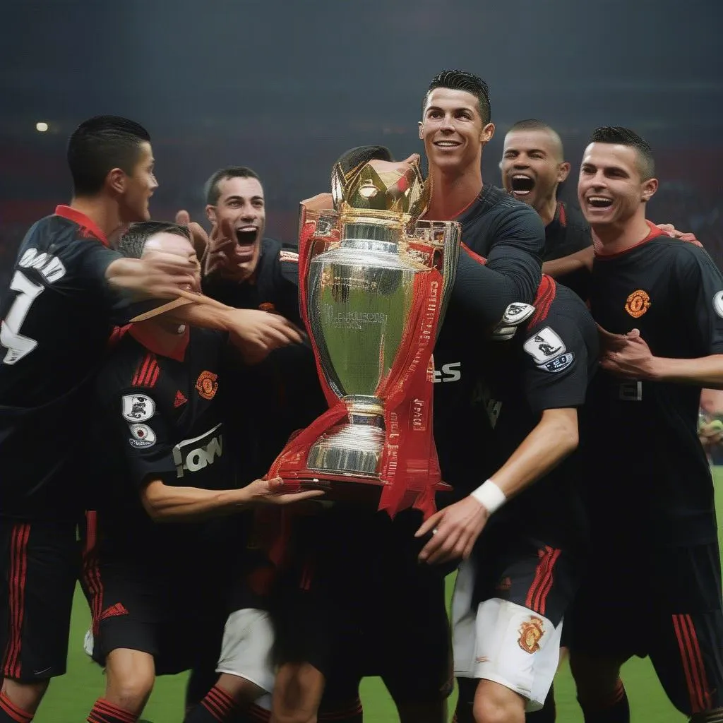 Cristiano Ronaldo celebrating a trophy with Manchester United