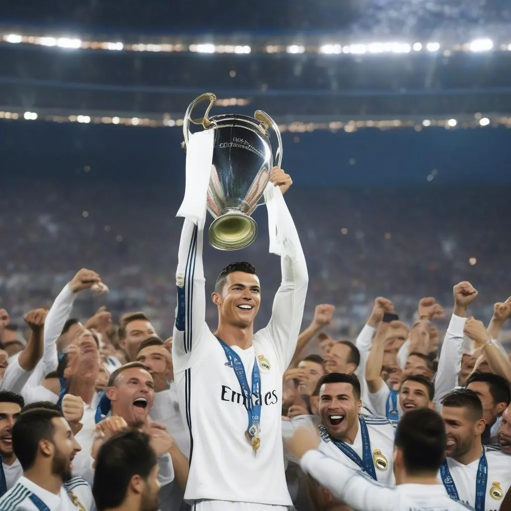 Ronaldo giơ cao chiếc cúp Champions League sau khi giành chiến thắng