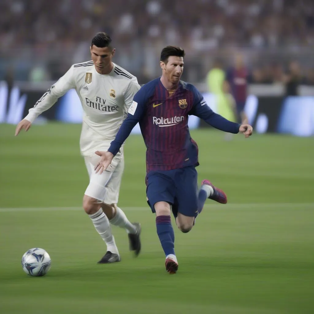 Cristiano Ronaldo thực hiện một cú xoay người 'Ronaldo Drift' để thoát khỏi sự đeo bám của Lionel Messi trong trận đấu giữa Real Madrid và Barcelona.