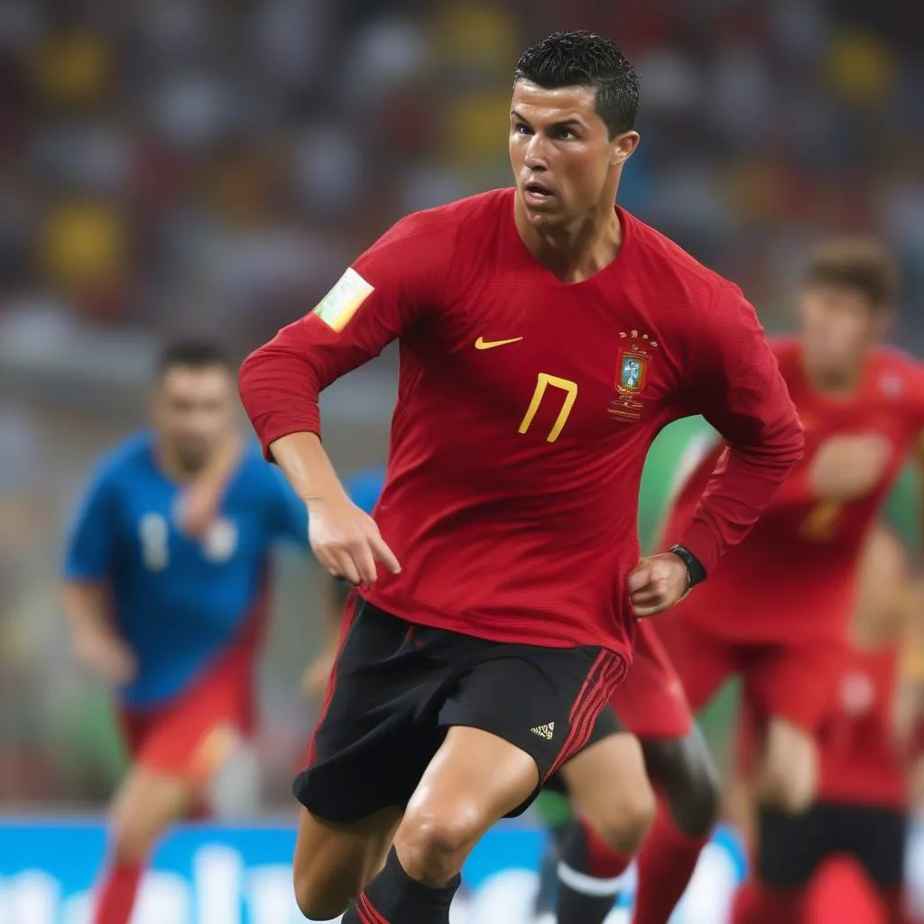 Hình ảnh Ronaldo thi đấu trong màu áo đội tuyển Bồ Đào Nha tại World Cup 2022