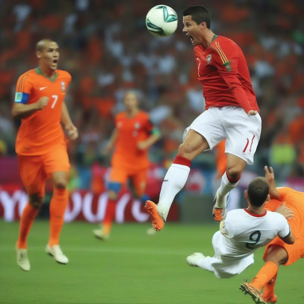 Ronaldo ghi bàn vào lưới Hà Lan trong trận đấu tại Euro 2012