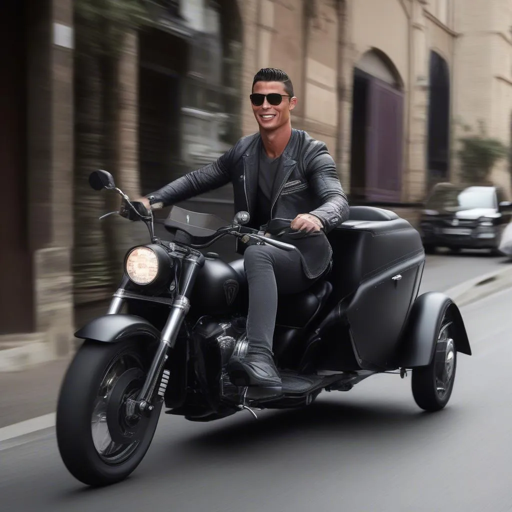 Cristiano Ronaldo trên chiếc Harley Davidson sidecar cá nhân của anh, một chiếc xe được thiết kế riêng với phong cách độc đáo, thể hiện cá tính mạnh mẽ của siêu sao bóng đá.