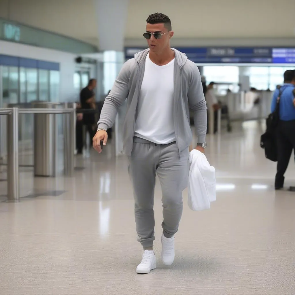 Ronaldo xuất hiện tại sân bay với bộ jogger màu xám