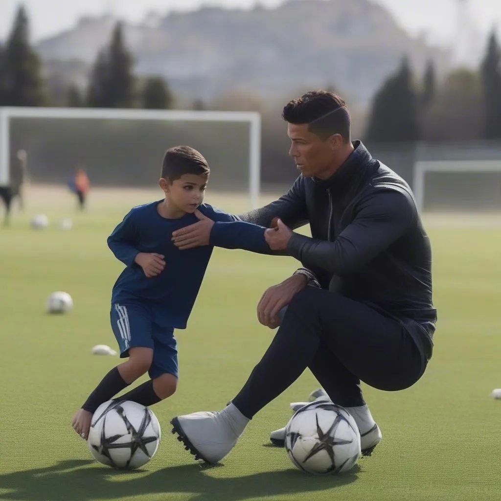 Hình ảnh Ronaldo Jr tập luyện bóng đá cùng cha mình, Cristiano Ronaldo, thể hiện sự kế thừa tài năng và đam mê bóng đá