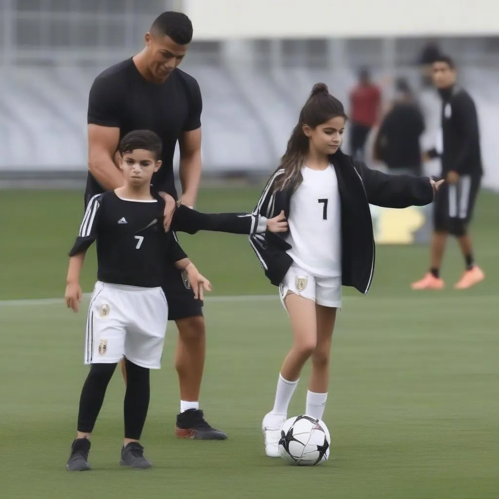 Hình ảnh Georgina Rodriguez và Ronaldo Jr, mẹ và con trai cùng nhau tham gia các hoạt động thể thao, thể hiện tình cảm yêu thương và sự đồng hành