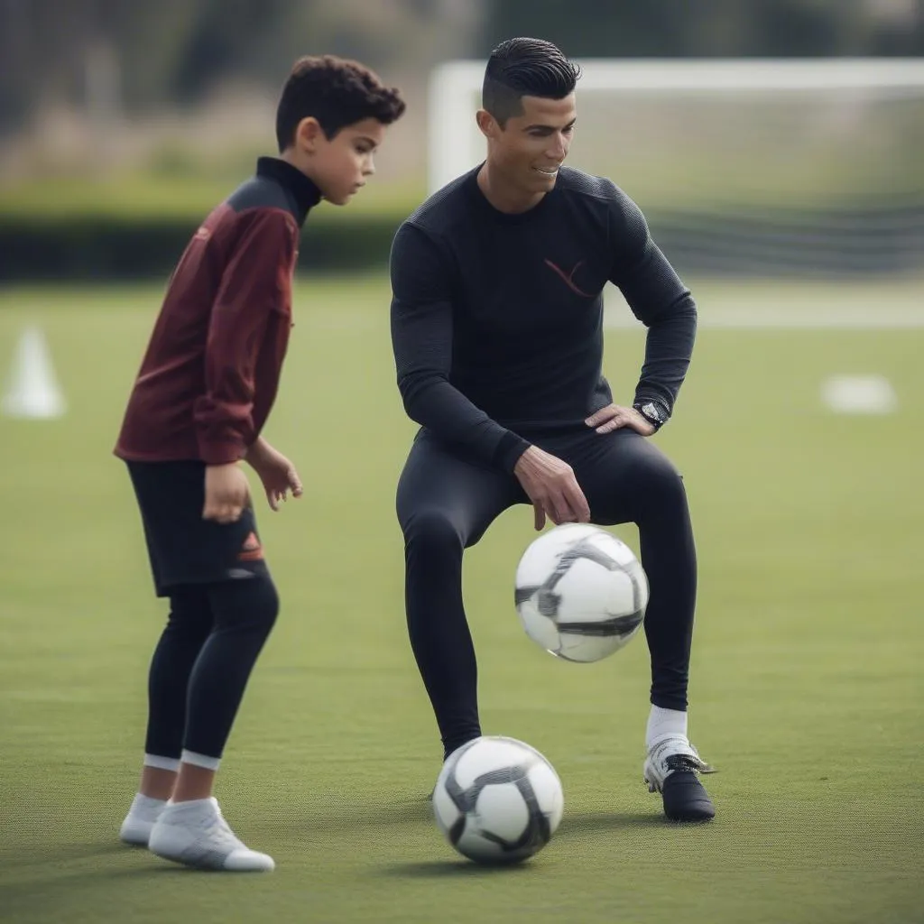 Cristiano Ronaldo Jr. tập luyện bóng đá